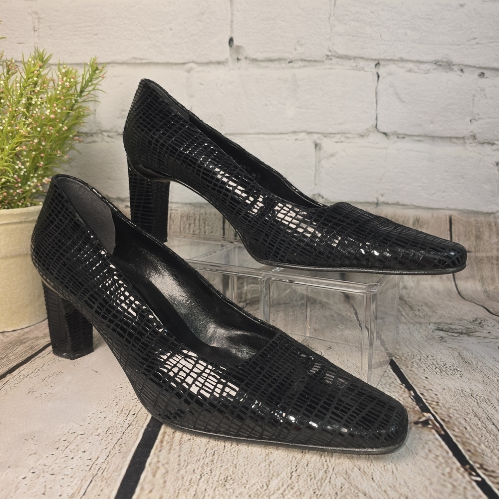 PROXY CROC EMBOSSED BLACK PUMP BLOCK HEEL SQUARE TOE WOMENS 10